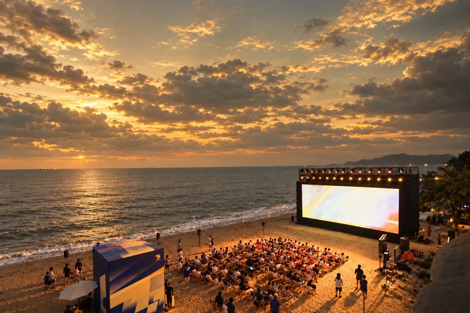 A warm yellow coastline with an open-air screen and audience
