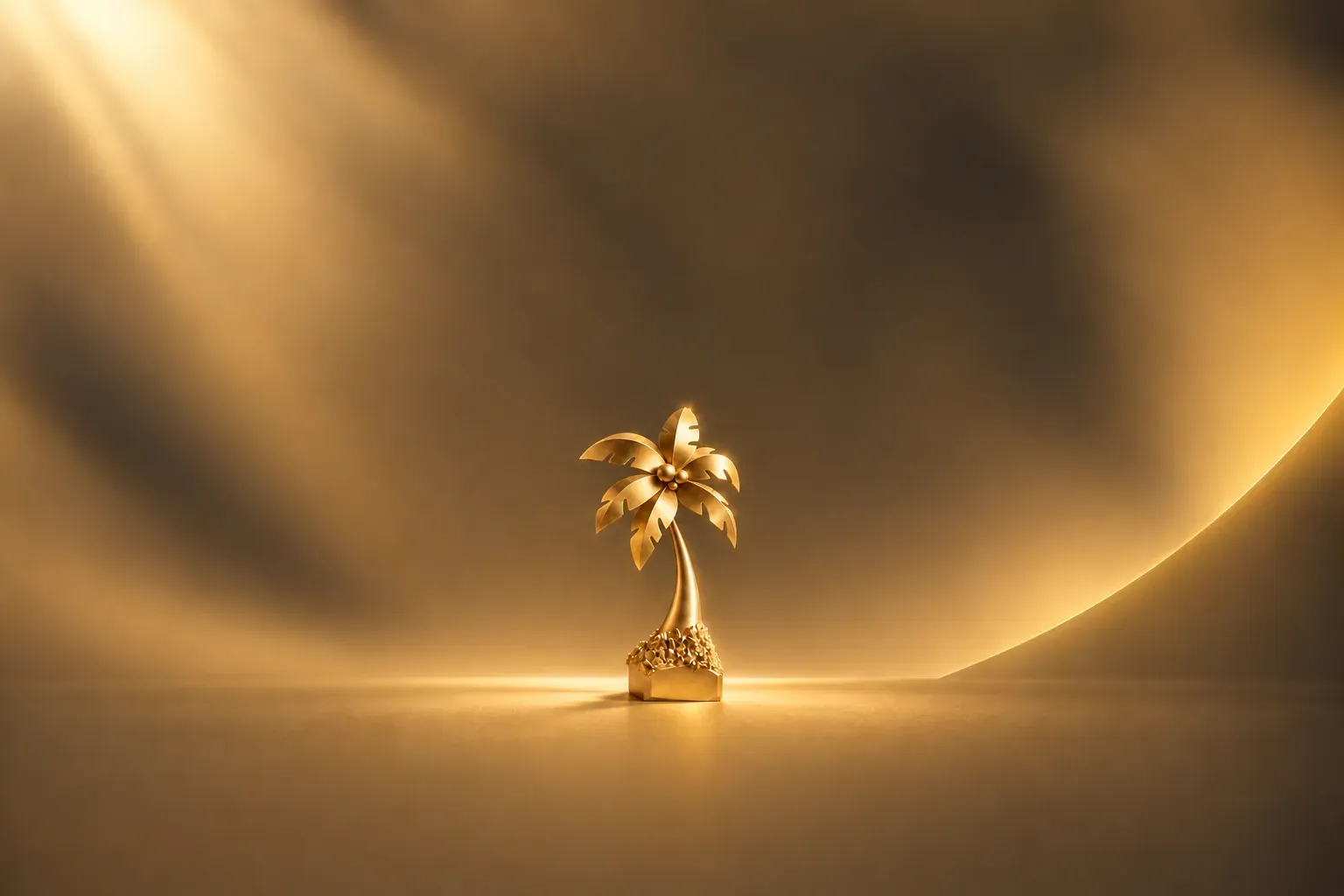 The Golden Coconut Award trophy on a warm yellow background: a coconut-leaf crown, a coconut, a curved trunk and a gold base; AI-generated promotional visual