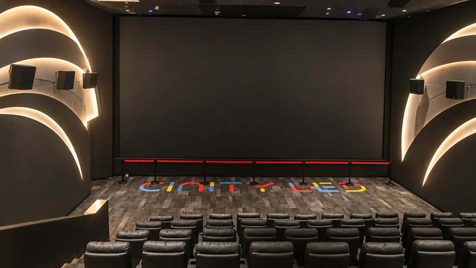 A restored view of the auditorium based on photos of Haifeng Cinema in Lingshui, keeping the wave-pattern walls, black screen and seating layout